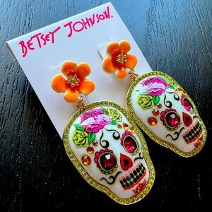 NWT BETSEY JOHNSON HOLA TO LOVE SKULL FLOWER DROP EARRINGS - MULTI | OS